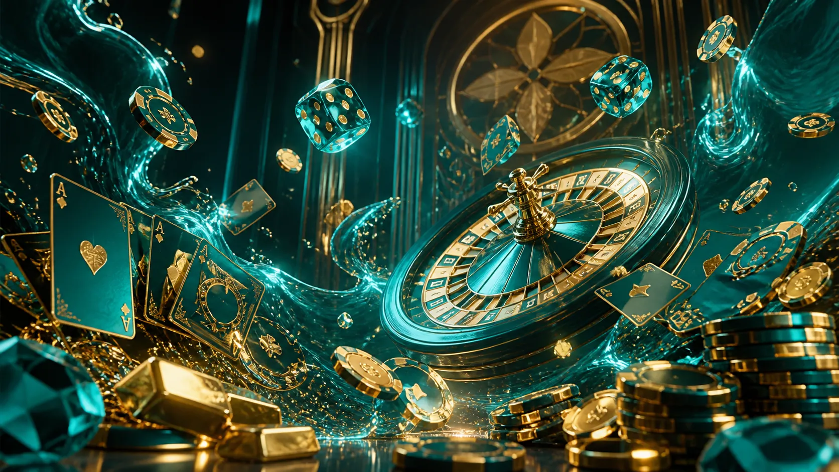 High-end Betmica casino image with luxurious elements, showcasing poker chips and cards in dynamic neon light.